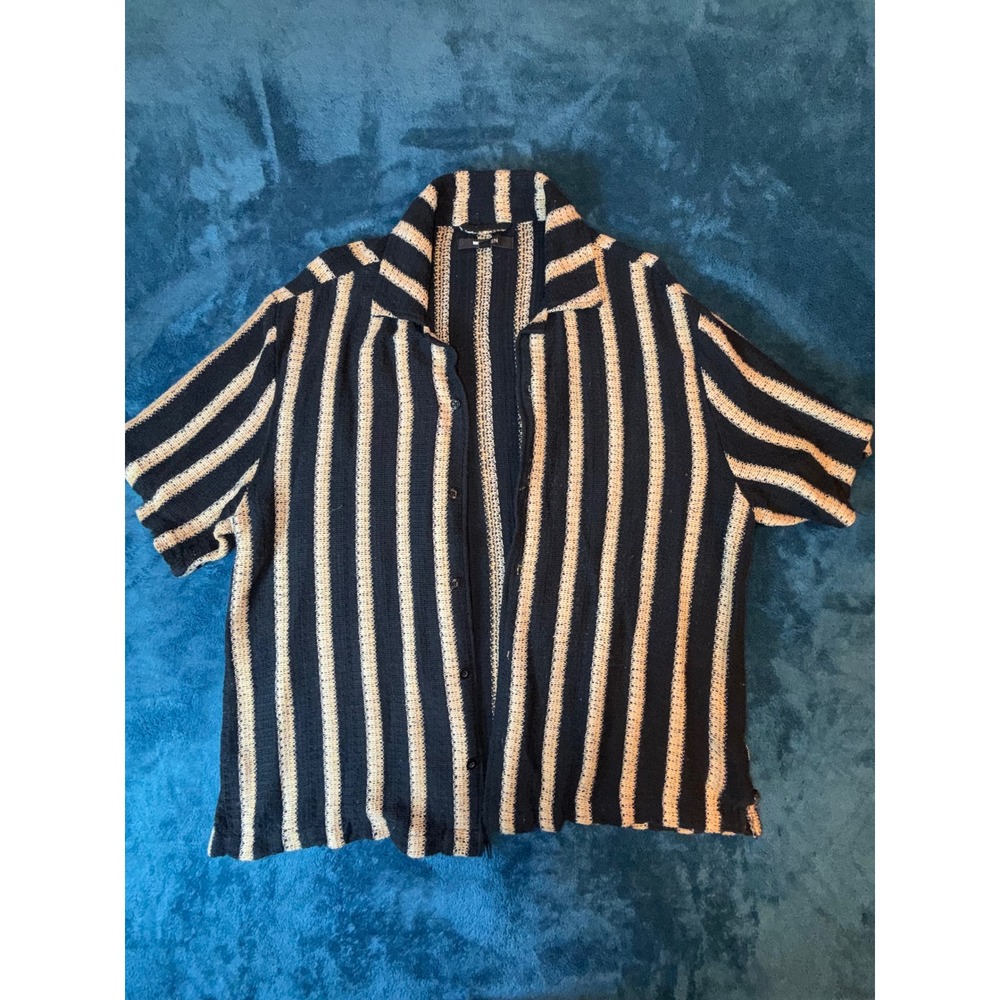 Fashion Nova Men Knit Button Up Shirt Navy Blue Cream Striped Crochet Top Medium